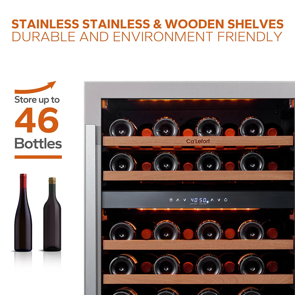 24" Dual Zone Wine Fridge – 46-Bottle Built-In Cooler with Glass Door & LED Lighting - stirhaus