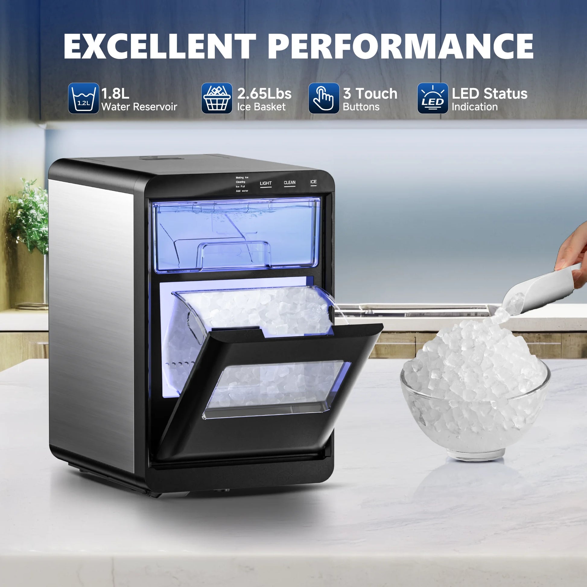 Countertop Pebble Ice Maker – 43 lb/Day Soft Chewable Nugget Ice Machine with Basket & Self-Cleaning - stirhaus