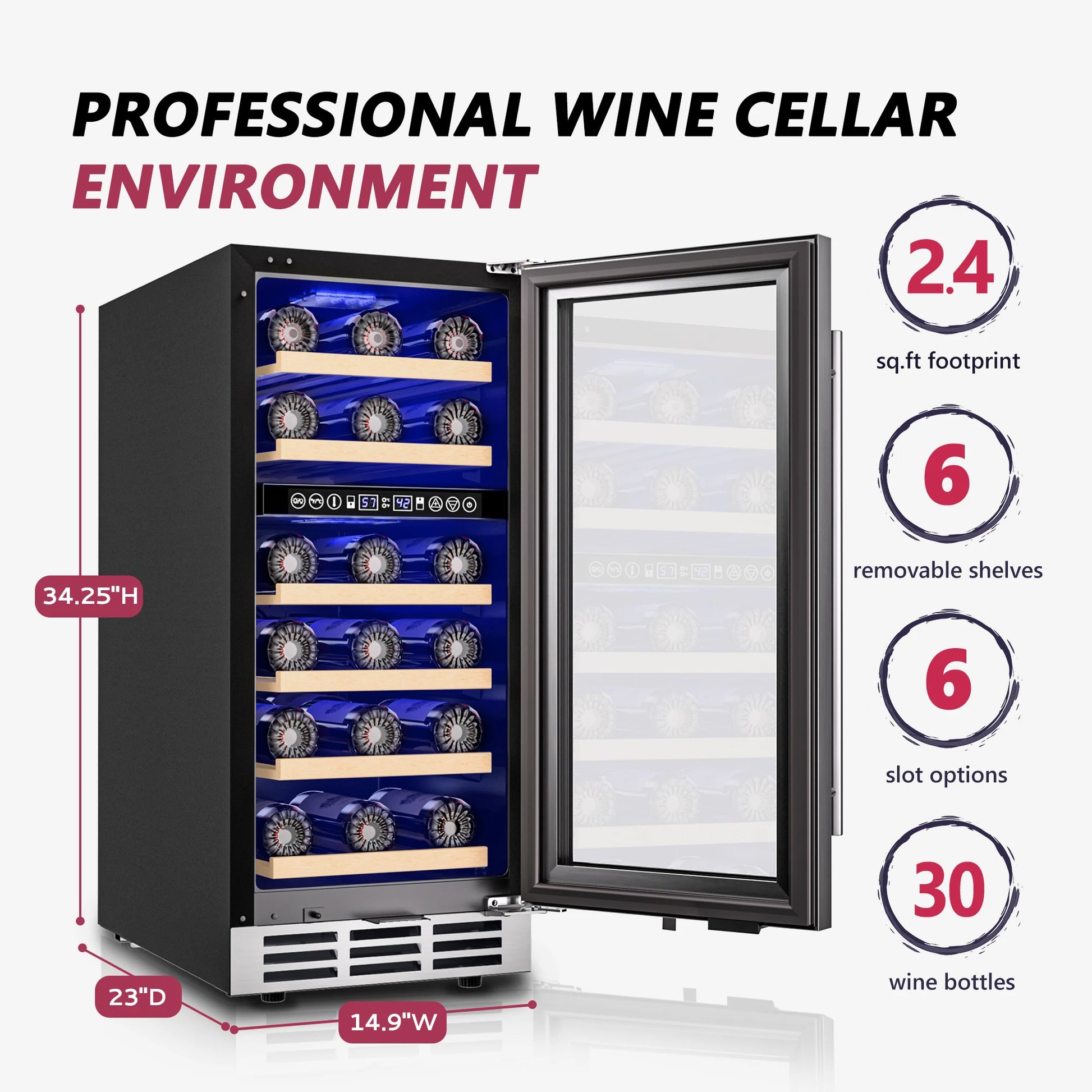 15-Inch Dual Zone Wine Fridge – 33 Bottle Cooler with Digital Controls & Glass Door - stirhaus