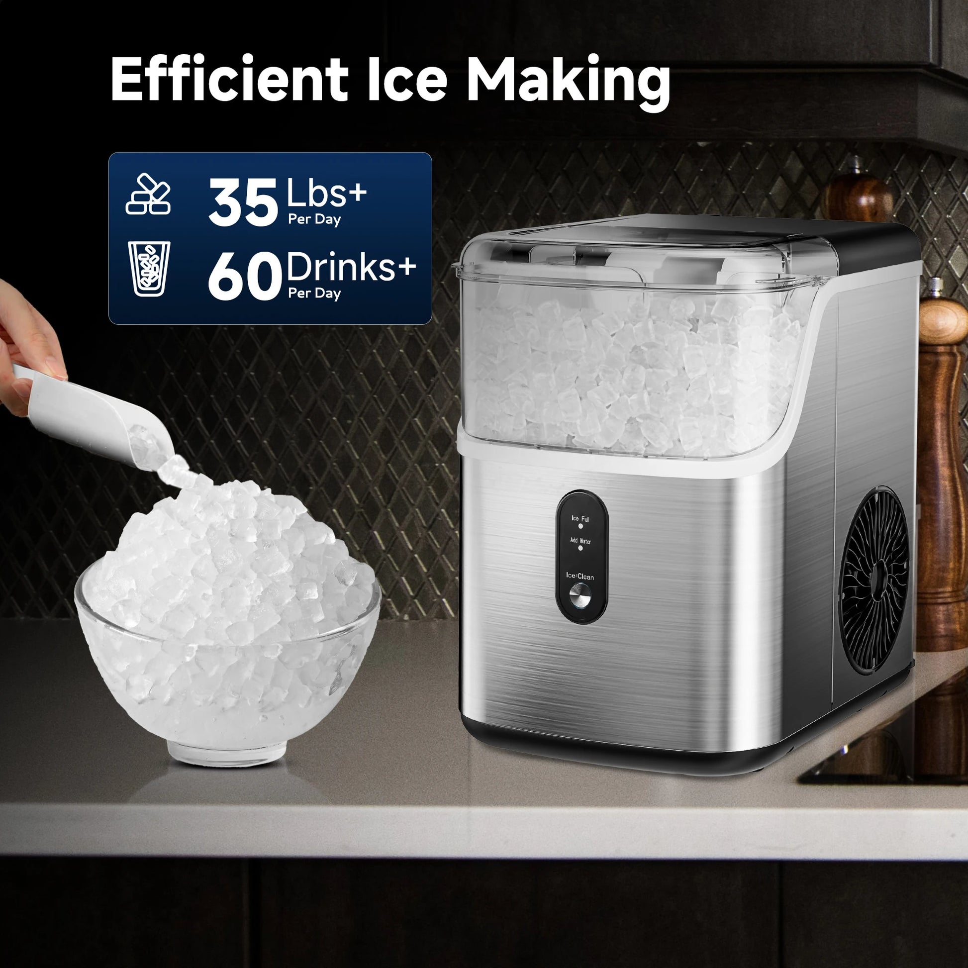 Countertop Pebble Ice Maker – 35 lb/Day Soft Chewable Sonic Nugget Ice Machine with Self-Cleaning - stirhaus