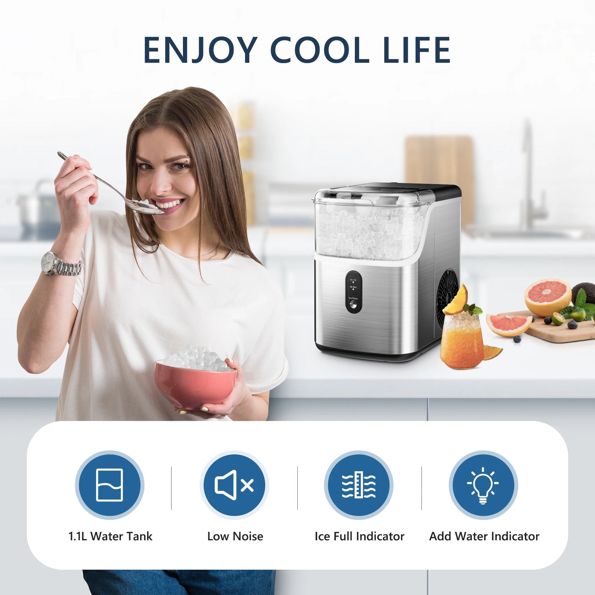 Countertop Pebble Ice Maker – 35 lb/Day Soft Chewable Sonic Nugget Ice Machine with Self-Cleaning - stirhaus