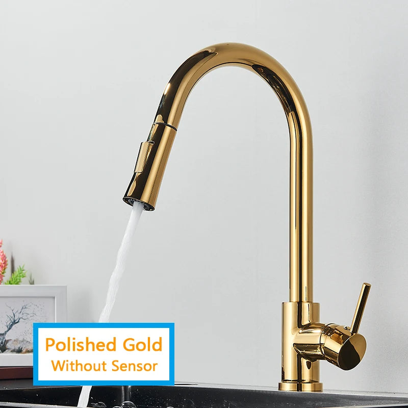 Smart Touch Kitchen Faucet – Brushed Gold Pull Down Sensor Tap with 360° Rotation & Dual Spray - stirhaus
