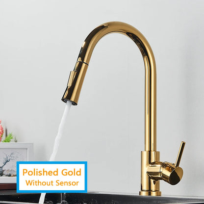 Smart Touch Kitchen Faucet – Brushed Gold Pull Down Sensor Tap with 360° Rotation & Dual Spray - stirhaus