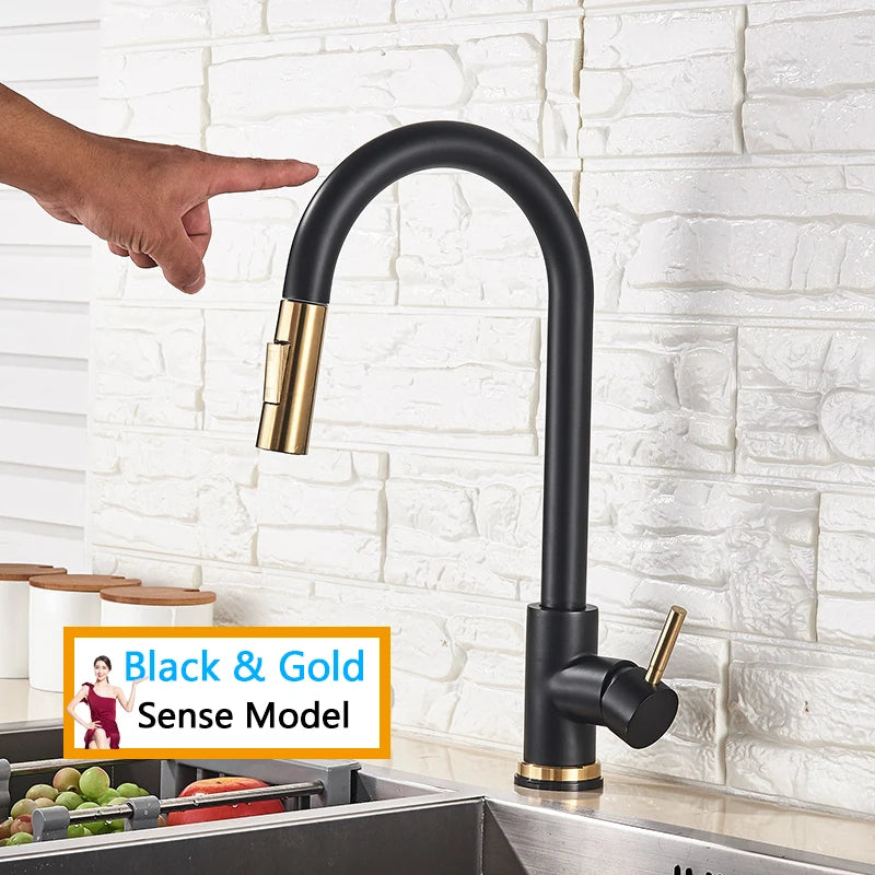 Smart Touch Kitchen Faucet – Brushed Gold Pull Down Sensor Tap with 360° Rotation & Dual Spray - stirhaus
