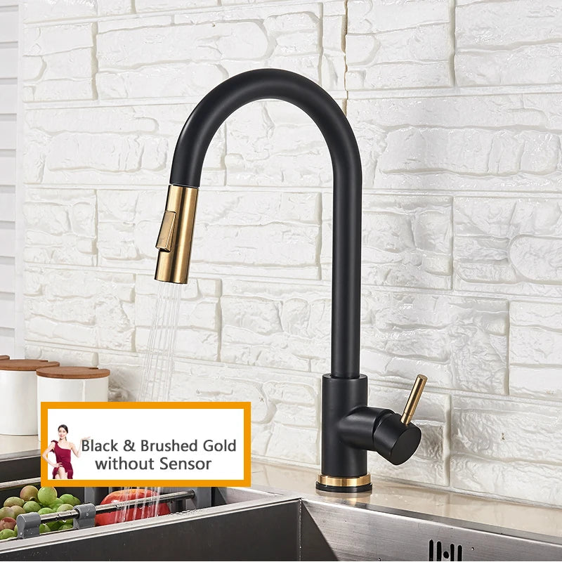 Smart Touch Kitchen Faucet – Brushed Gold Pull Down Sensor Tap with 360° Rotation & Dual Spray - stirhaus