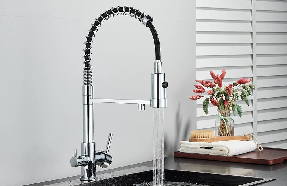 Pull-Down 3-Way Kitchen Faucet – Brass Filter Tap with Hot, Cold & Purified Water - stirhaus