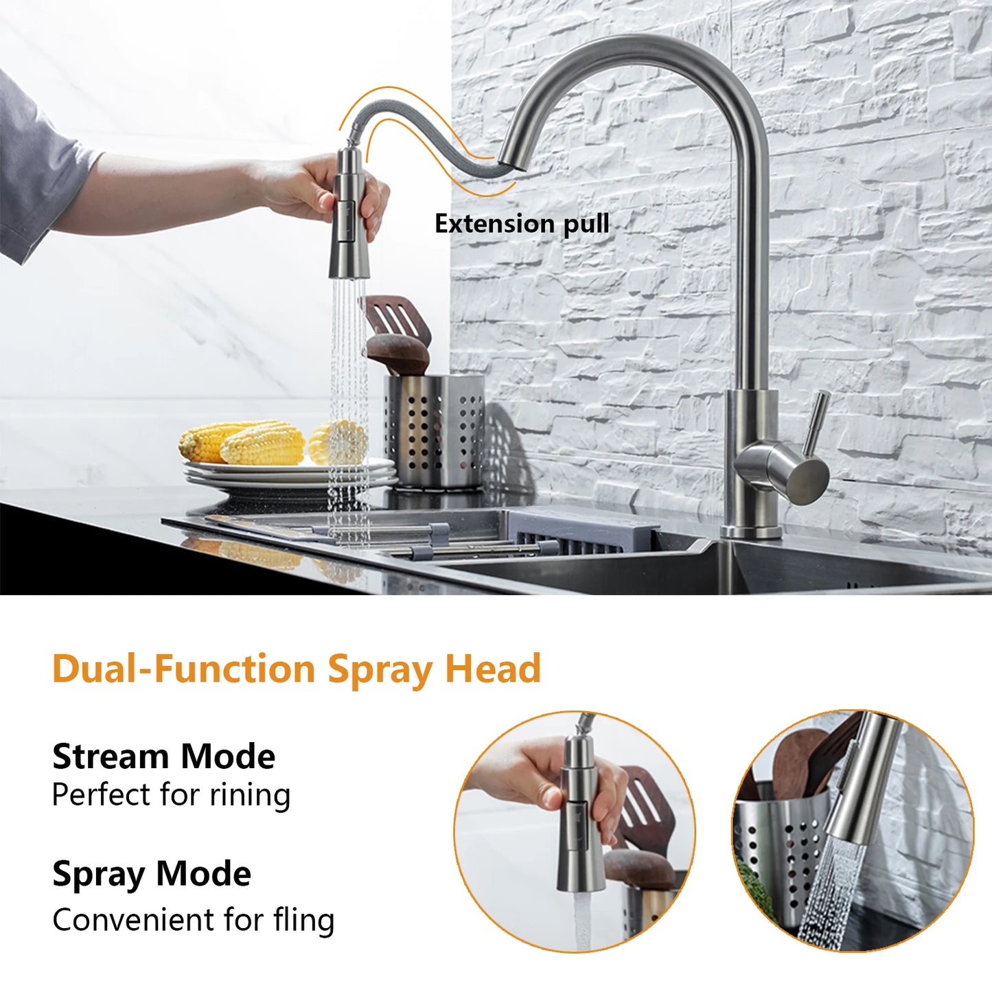 Smart Touch Kitchen Faucet – Brushed Nickel Pull Out Sensor Tap with 360° Rotation & Pull Down Spray - stirhaus