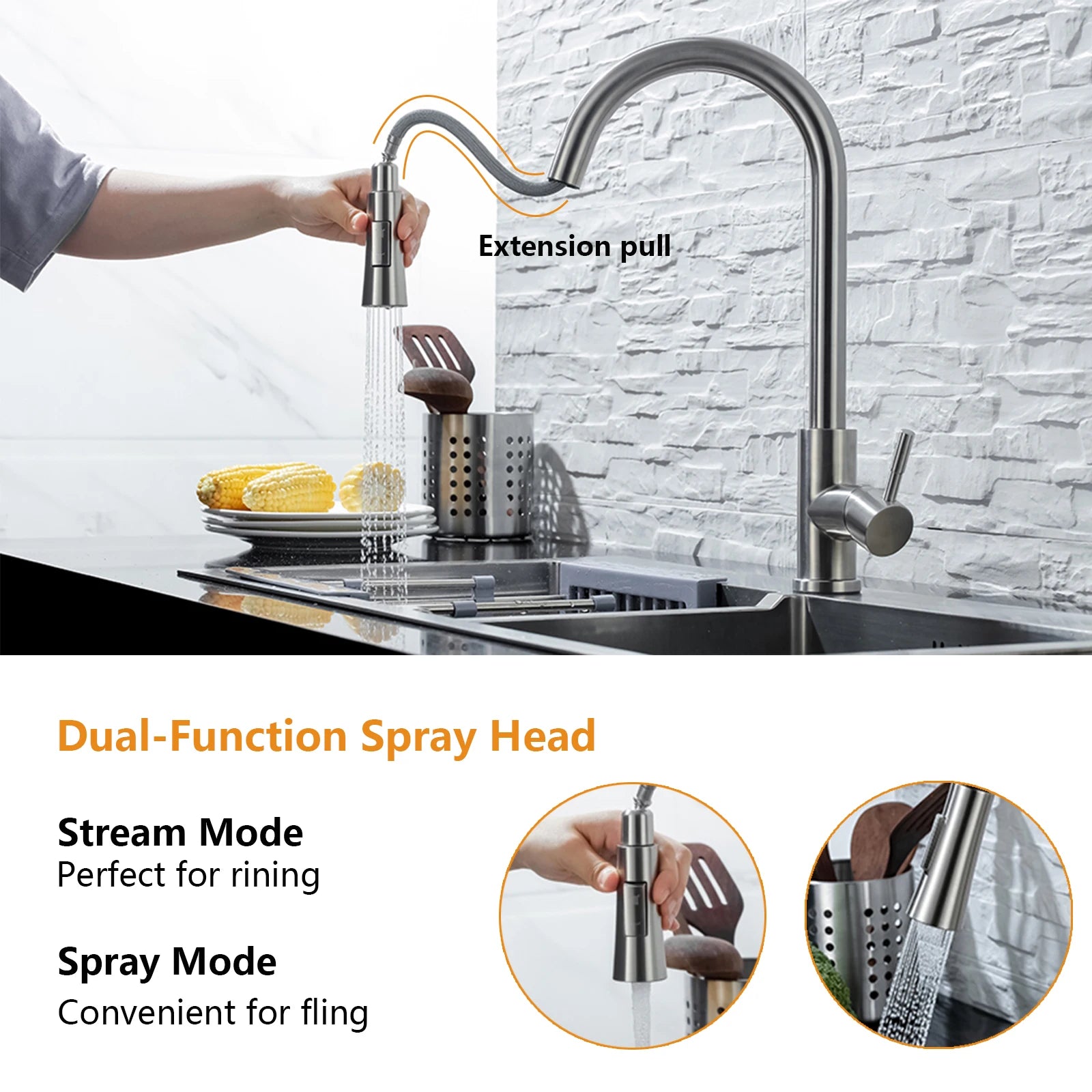 Smart Touch Kitchen Faucet – Brushed Nickel Pull Out Sensor Tap with 360° Rotation & Pull Down Spray - stirhaus