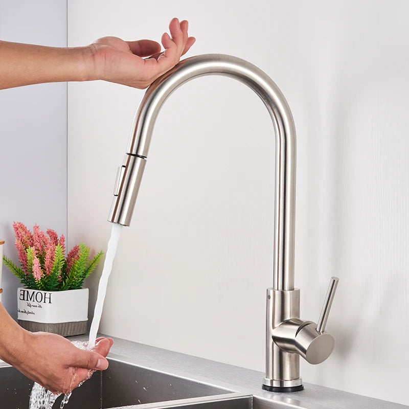 Smart Touch Kitchen Faucet – Brushed Gold Pull Down Sensor Tap with 360° Rotation & Dual Spray - stirhaus