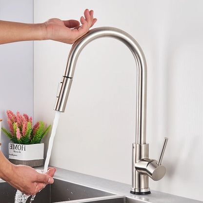Smart Touch Kitchen Faucet – Brushed Gold Pull Down Sensor Tap with 360° Rotation & Dual Spray - stirhaus