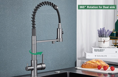 Pull-Down 3-Way Kitchen Faucet – Brass Filter Tap with Hot, Cold & Purified Water - stirhaus