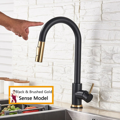 Smart Touch Kitchen Faucet – Brushed Gold Pull Down Sensor Tap with 360° Rotation & Dual Spray - stirhaus