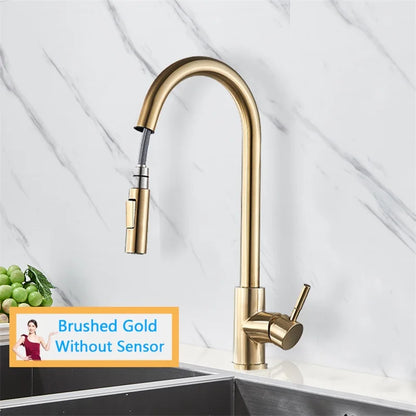 Smart Touch Kitchen Faucet – Brushed Gold Pull Down Sensor Tap with 360° Rotation & Dual Spray - stirhaus