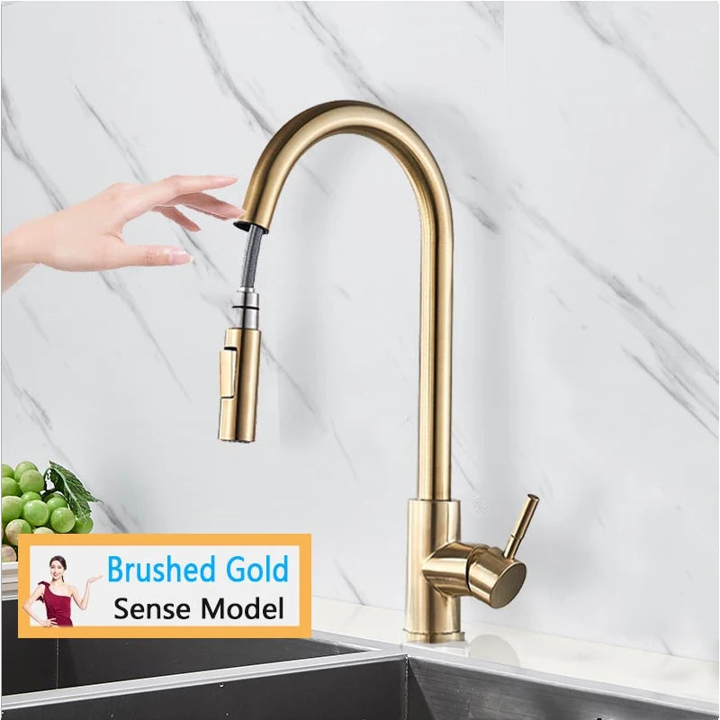 Smart Touch Kitchen Faucet – Brushed Gold Pull Down Sensor Tap with 360° Rotation & Dual Spray - stirhaus