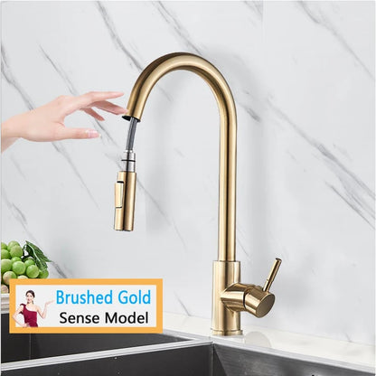 Smart Touch Kitchen Faucet – Brushed Gold Pull Down Sensor Tap with 360° Rotation & Dual Spray - stirhaus