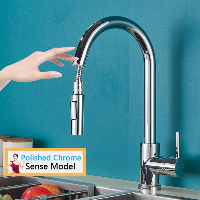 Smart Touch Kitchen Faucet – Brushed Gold Pull Down Sensor Tap with 360° Rotation & Dual Spray - stirhaus