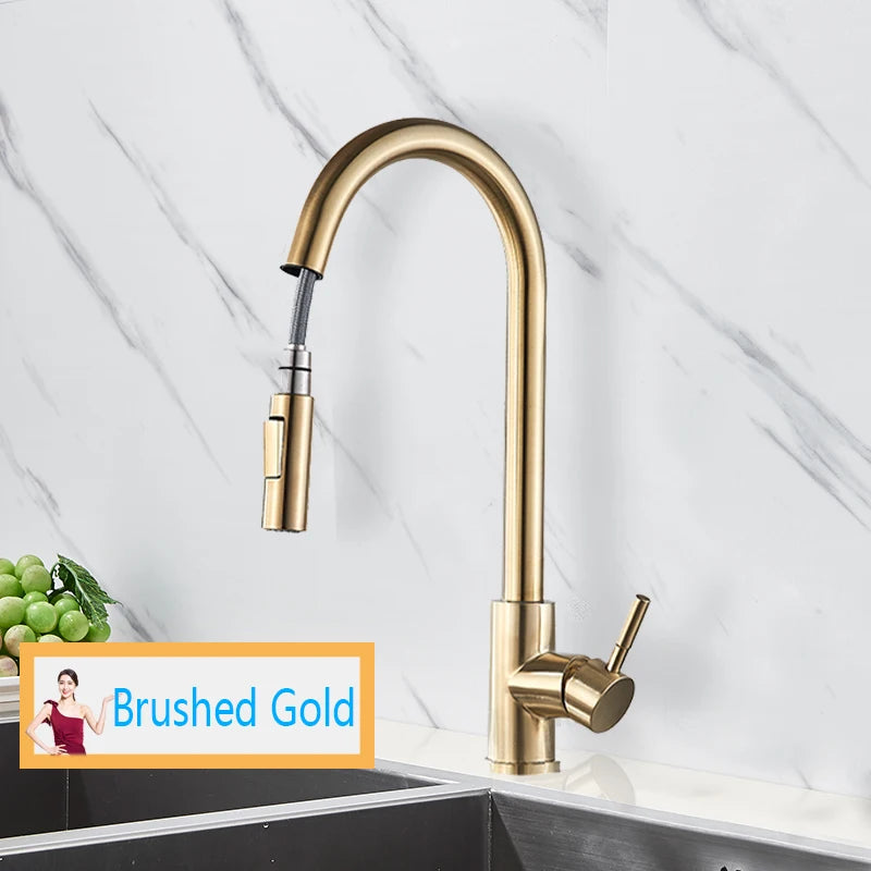 Smart Touch Kitchen Faucet – Brushed Gold Pull Down Sensor Tap with 360° Rotation & Dual Spray - stirhaus