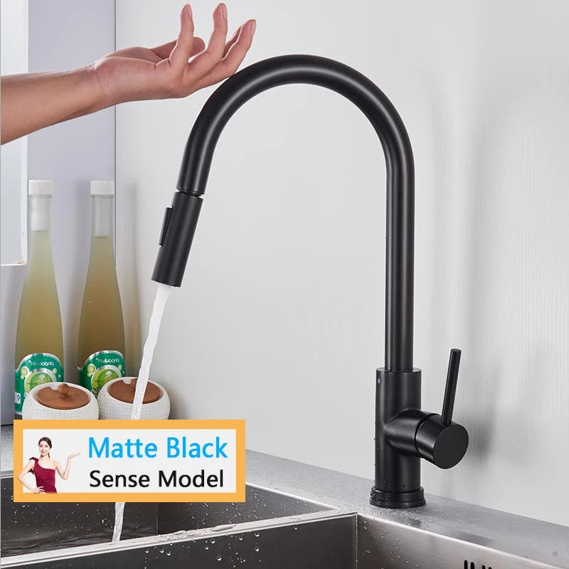 Smart Touch Kitchen Faucet – Brushed Gold Pull Down Sensor Tap with 360° Rotation & Dual Spray - stirhaus