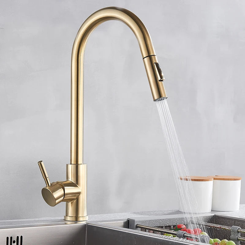 Smart Touch Kitchen Faucet – Brushed Gold Pull Down Sensor Tap with 360° Rotation & Dual Spray - stirhaus