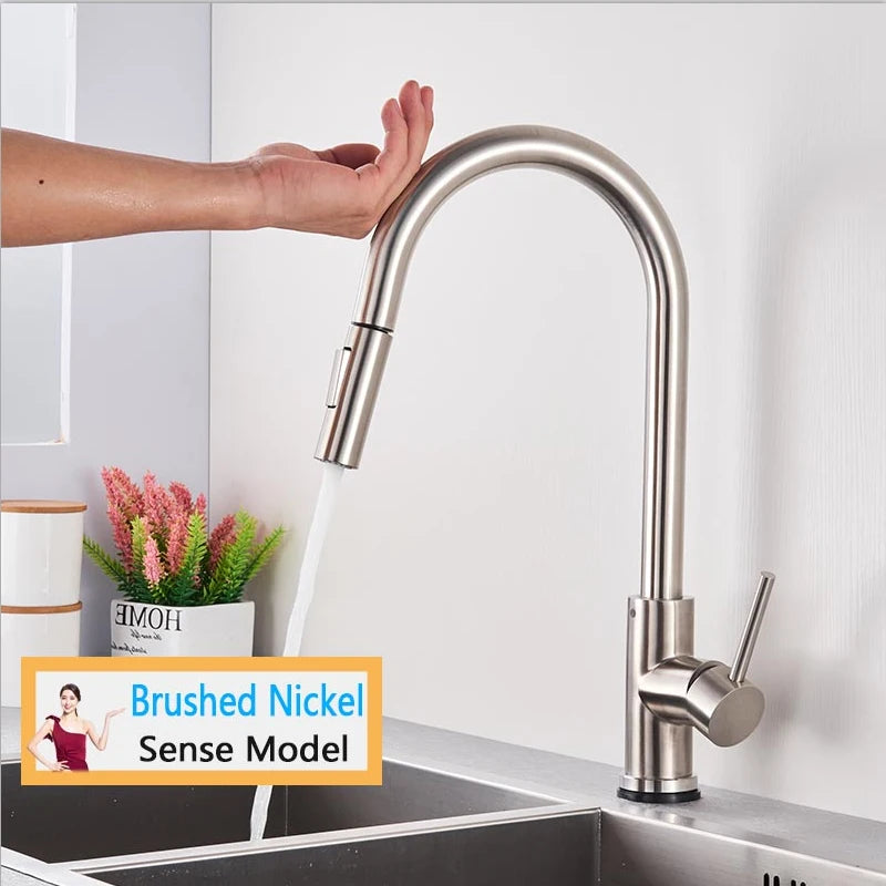 Smart Touch Kitchen Faucet – Brushed Gold Pull Down Sensor Tap with 360° Rotation & Dual Spray - stirhaus