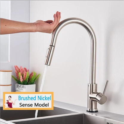 Smart Touch Kitchen Faucet – Brushed Gold Pull Down Sensor Tap with 360° Rotation & Dual Spray - stirhaus