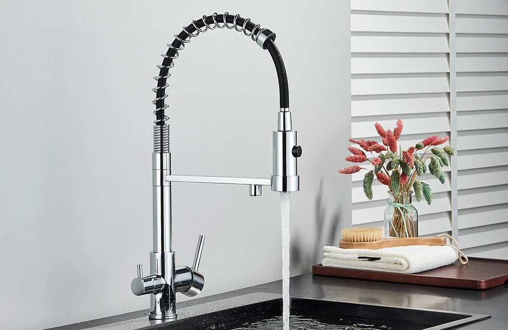 Pull-Down 3-Way Kitchen Faucet – Brass Filter Tap with Hot, Cold & Purified Water - stirhaus