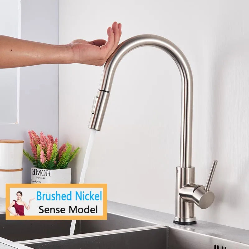 Smart Touch Kitchen Faucet – Brushed Gold Pull Down Sensor Tap with 360° Rotation & Dual Spray - stirhaus
