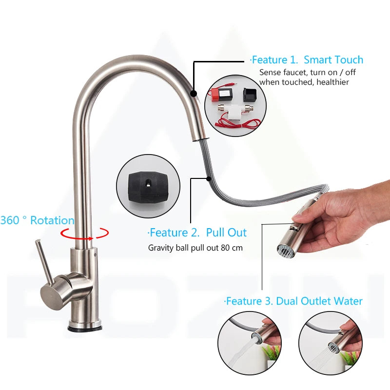 Smart Touch Kitchen Faucet – Brushed Gold Pull Down Sensor Tap with 360° Rotation & Dual Spray - stirhaus