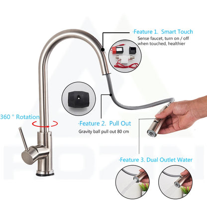 Smart Touch Kitchen Faucet – Brushed Gold Pull Down Sensor Tap with 360° Rotation & Dual Spray - stirhaus