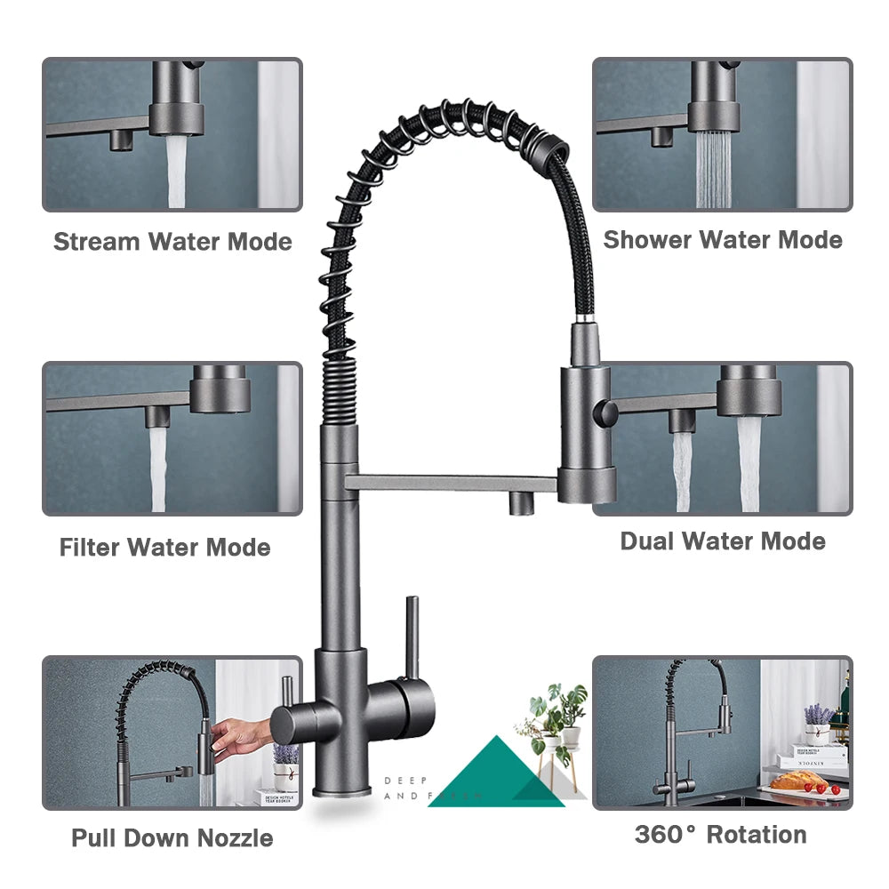 Pull-Down 3-Way Kitchen Faucet – Brass Filter Tap with Hot, Cold & Purified Water - stirhaus