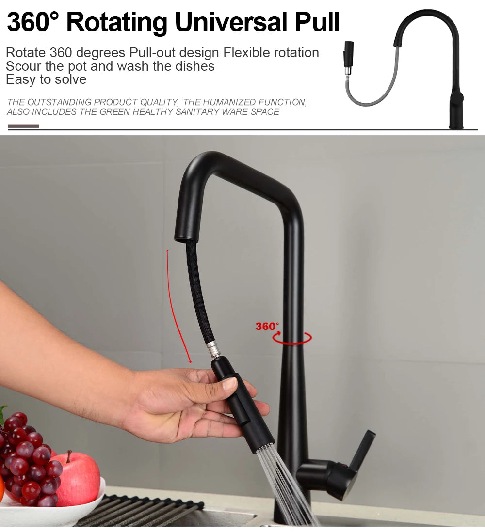 Deck-Mounted Pull-Out Kitchen Faucet with Single Handle, Hot & Cold Mixer - stirhaus