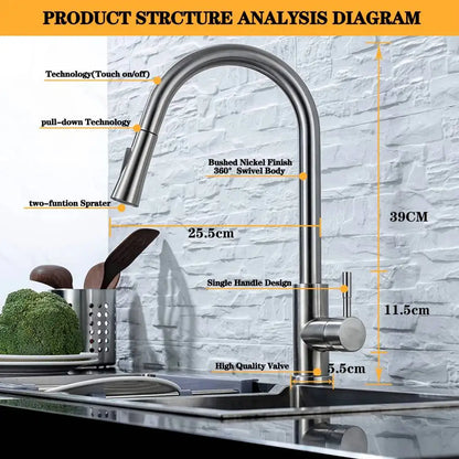 Smart Touch Kitchen Faucet – Brushed Nickel Pull Out Sensor Tap with 360° Rotation & Pull Down Spray - stirhaus
