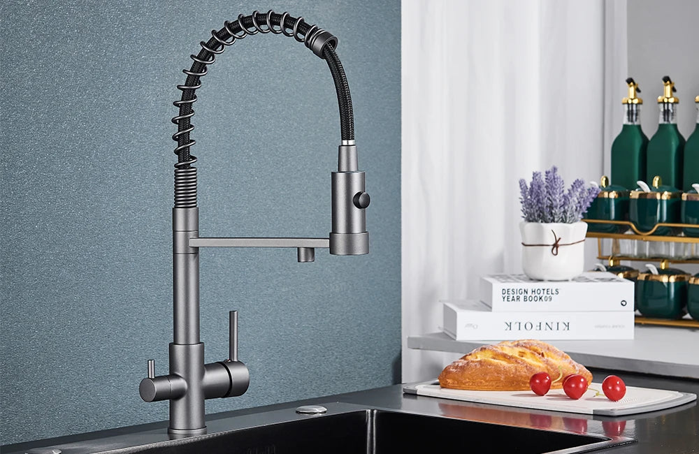 Pull-Down 3-Way Kitchen Faucet – Brass Filter Tap with Hot, Cold & Purified Water - stirhaus