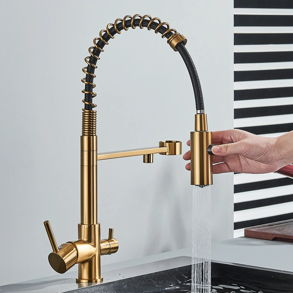Pull-Down 3-Way Kitchen Faucet – Brass Filter Tap with Hot, Cold & Purified Water - stirhaus