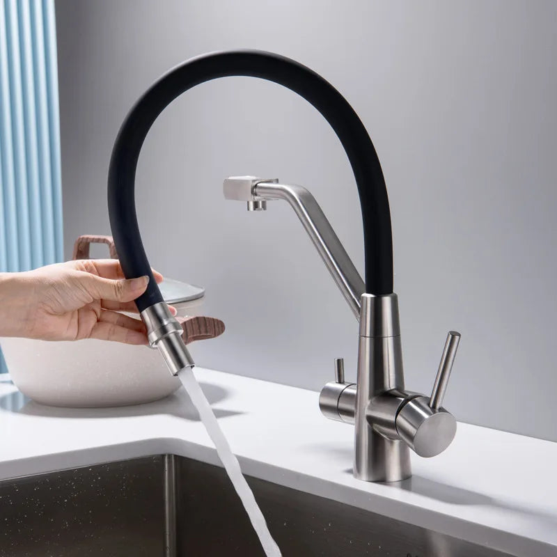Stainless Steel Kitchen Faucet with Filtered Water, Dual Handle Hot & Cold Mixer - stirhaus
