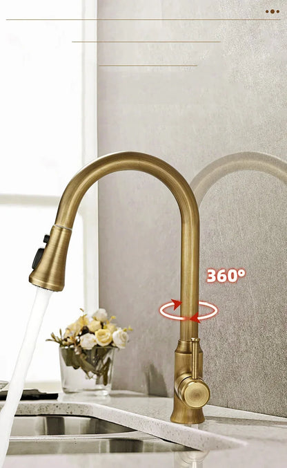Antique Brass Kitchen Faucet with Pull-Out Spout – Single Handle Hot & Cold Mixer - stirhaus