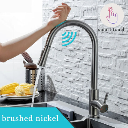 Smart Touch Kitchen Faucet – Brushed Nickel Pull Out Sensor Tap with 360° Rotation & Pull Down Spray - stirhaus