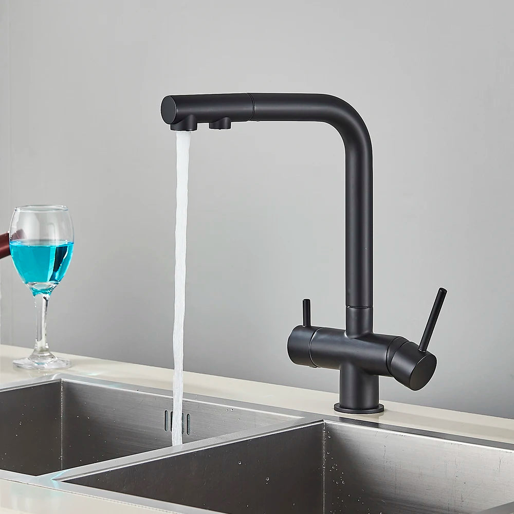3-Way Kitchen Faucet – Dual Handle Pull-Out Filter Tap for Hot, Cold & Purified Water - stirhaus