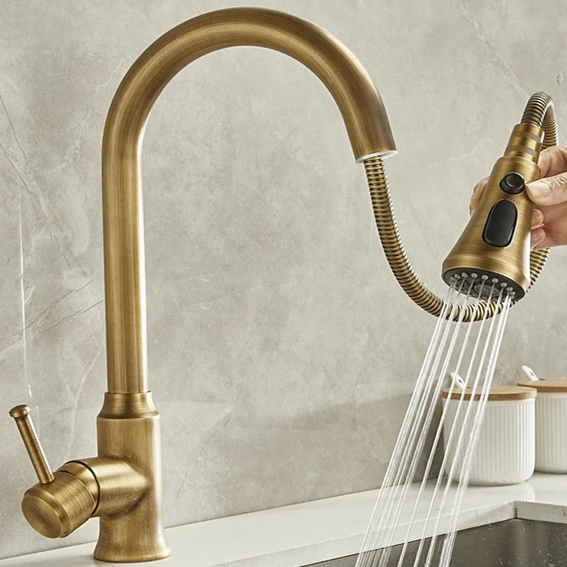 Antique Brass Kitchen Faucet with Pull-Out Spout – Single Handle Hot & Cold Mixer - stirhaus