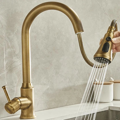 Antique Brass Kitchen Faucet with Pull-Out Spout – Single Handle Hot & Cold Mixer - stirhaus