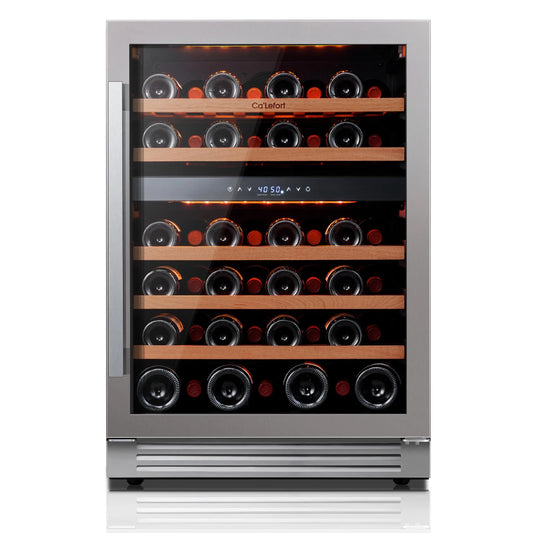 24" Dual Zone Wine Fridge – 46-Bottle Built-In Cooler with Glass Door & LED Lighting - stirhaus