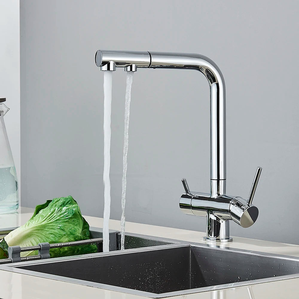 3-Way Kitchen Faucet – Dual Handle Pull-Out Filter Tap for Hot, Cold & Purified Water - stirhaus