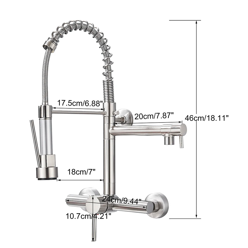 Wall-Mounted Kitchen Faucet with Dual Handles & Spring Swivel Spouts - stirhaus
