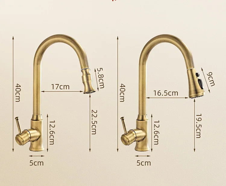 Antique Brass Kitchen Faucet with Pull-Out Spout – Single Handle Hot & Cold Mixer - stirhaus