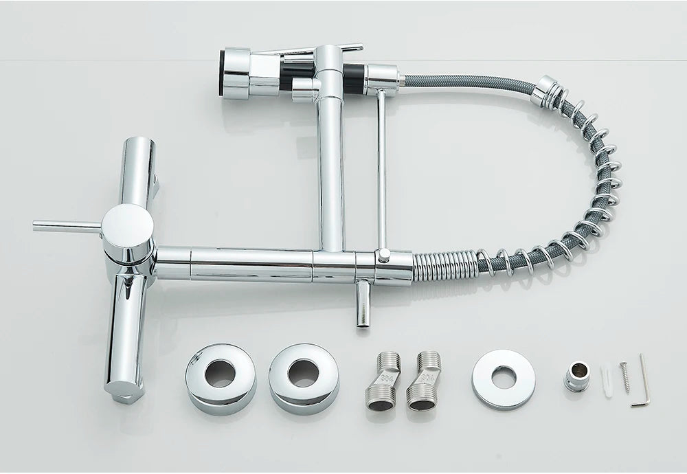 Wall-Mounted Kitchen Faucet with Dual Handles & Spring Swivel Spouts - stirhaus