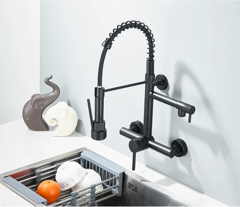 Wall-Mounted Kitchen Faucet with Dual Handles & Spring Swivel Spouts - stirhaus