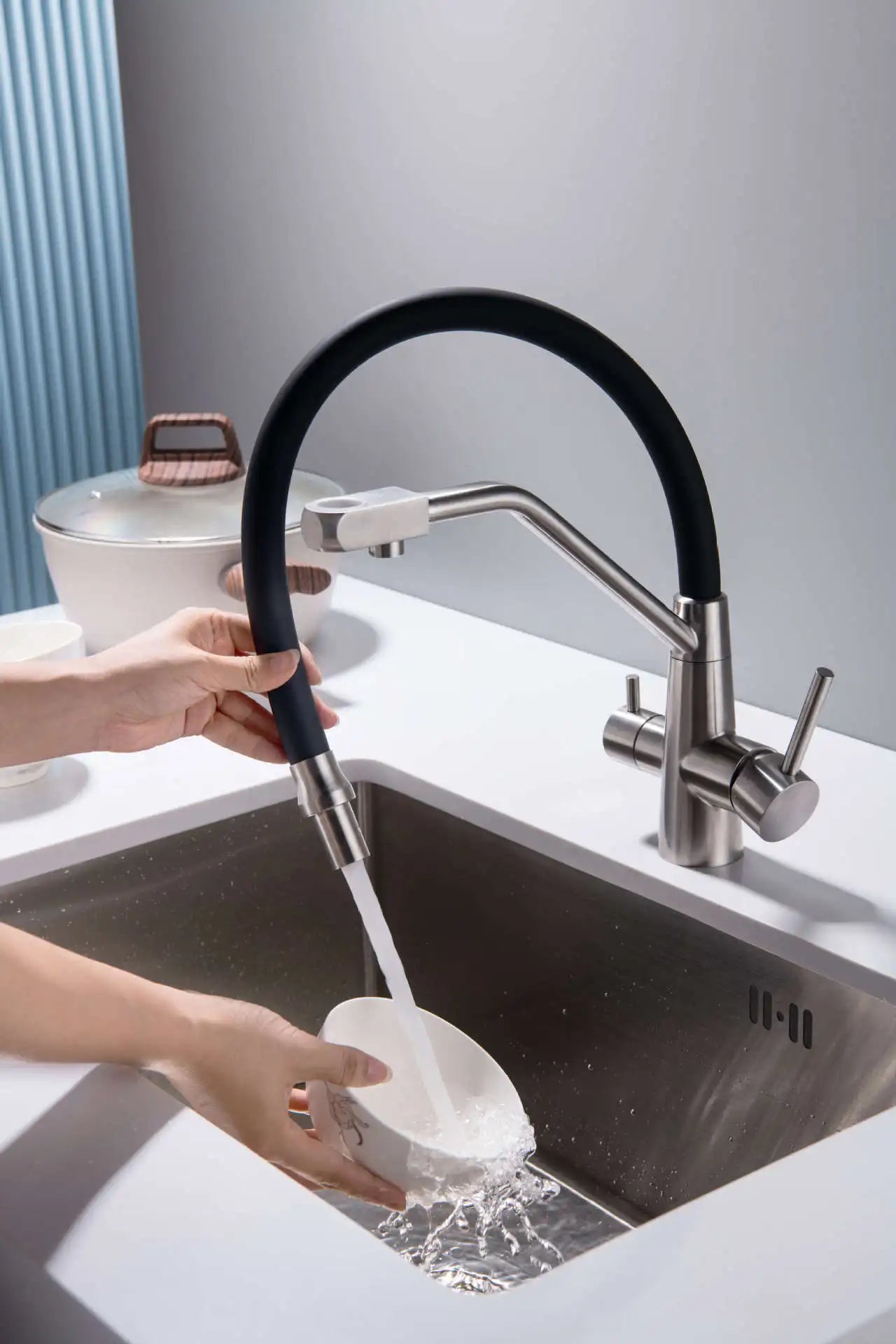 Stainless Steel Kitchen Faucet with Filtered Water, Dual Handle Hot & Cold Mixer - stirhaus