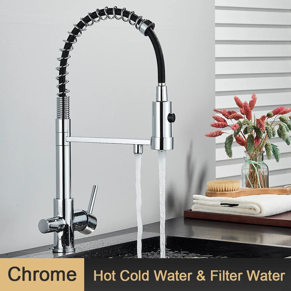 Pull-Down 3-Way Kitchen Faucet – Brass Filter Tap with Hot, Cold & Purified Water - stirhaus