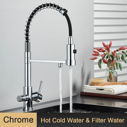 Pull-Down 3-Way Kitchen Faucet – Brass Filter Tap with Hot, Cold & Purified Water - stirhaus