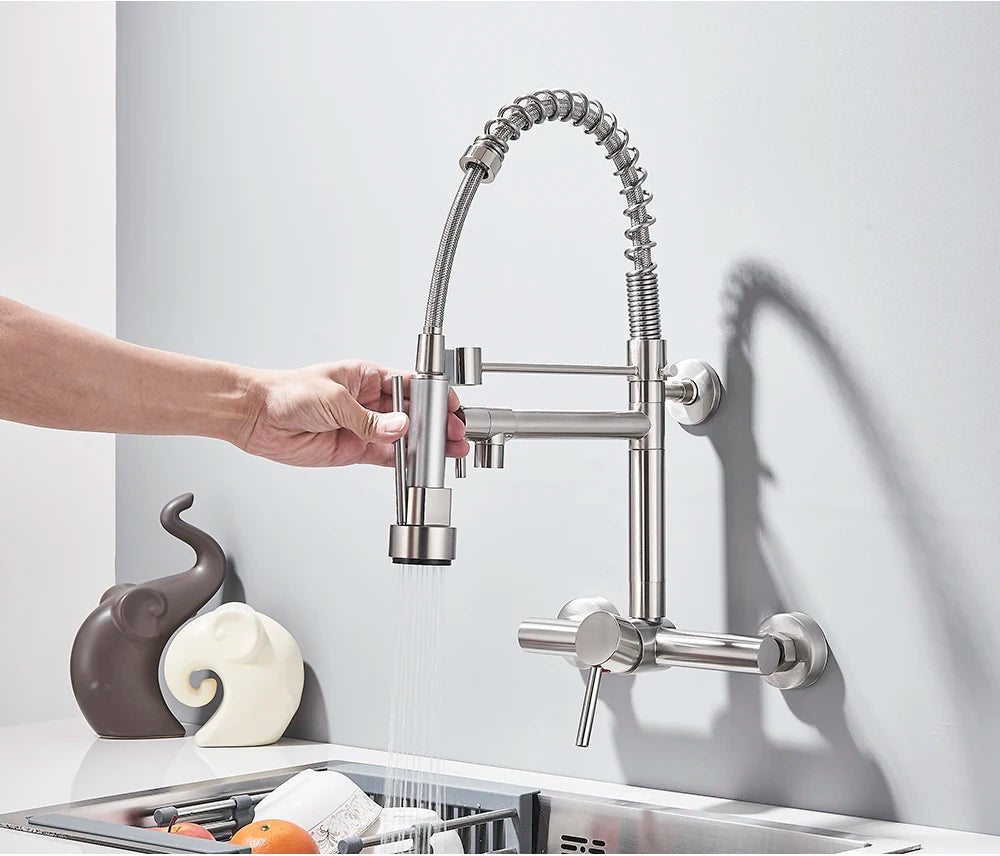 Wall-Mounted Kitchen Faucet with Dual Handles & Spring Swivel Spouts - stirhaus
